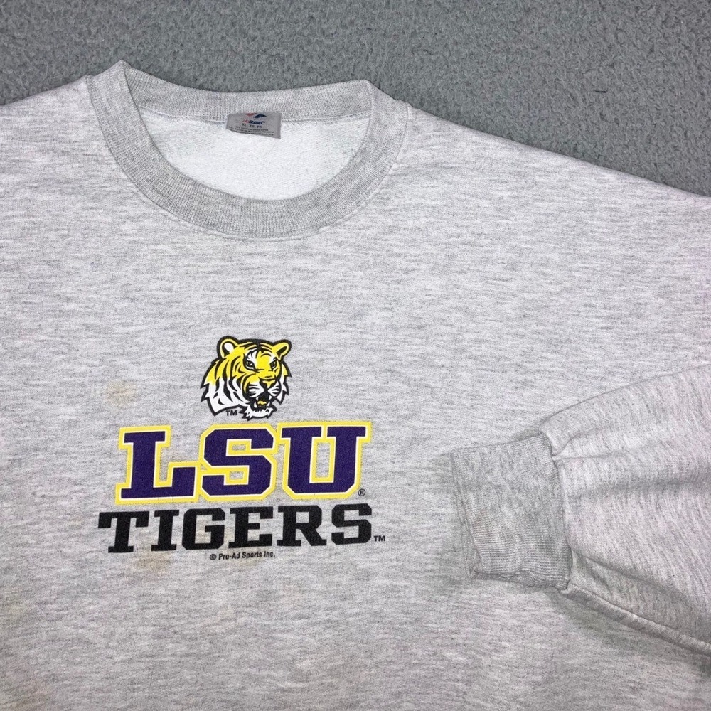 VTG 90s Jerzees Sweatshirt XL LSU Tigers Gray Collegiate Oversized Thrashed NCAA